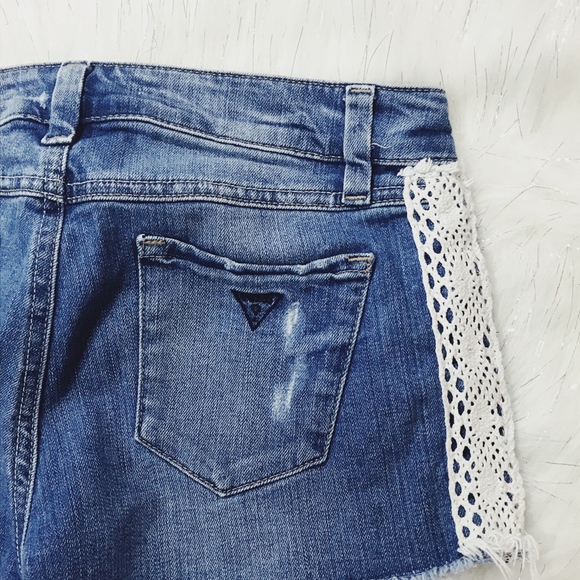 Guess Lace Sides Denim Distressed Shorts - Picture 5 of 8